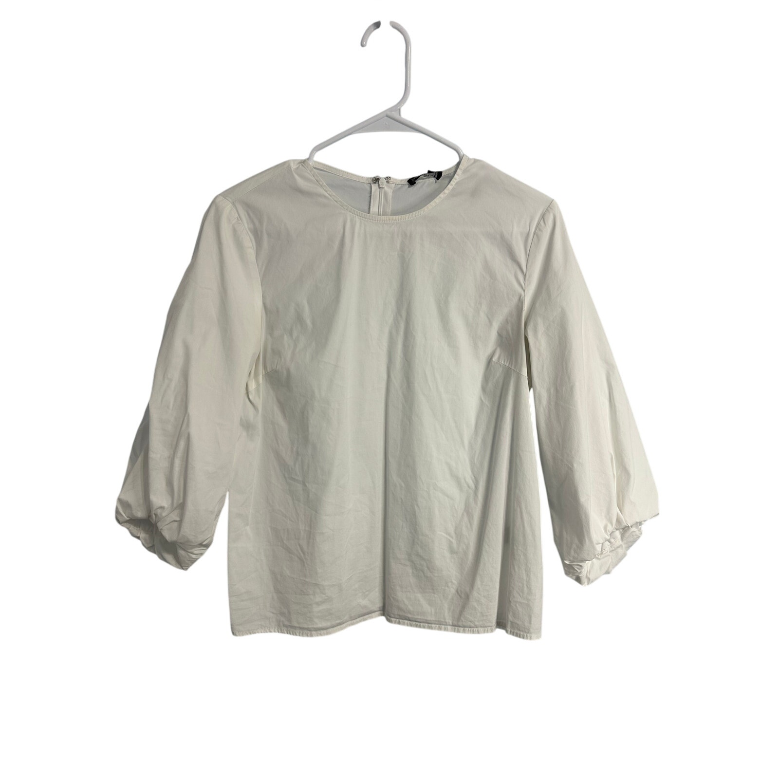 J.Mclaughlin White Puff Sleeve Blouse Cotton Blend Sz S Crewneck Nice